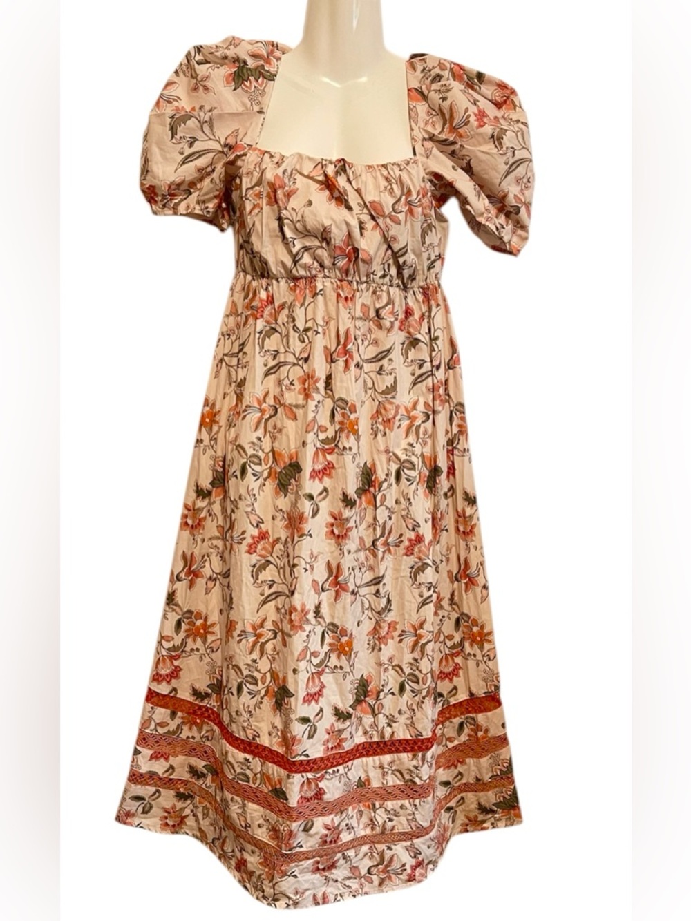 Mi Golondrina Blush Pink Floral Puff-Sleeve Midi Dress Elena crema coral SZ M - Picture 3 of 9
